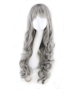 WoodFestival grey wig with neat bangs long curly synthetic natural wavy wigs grandmother gray hair women1470412
