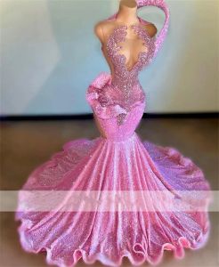 Sexy Diamonds Long Pink Prom Dresses For Black Girl Sparkly Beads Crystals Rhinestones Luxury Birthday Party Gowns Robe De