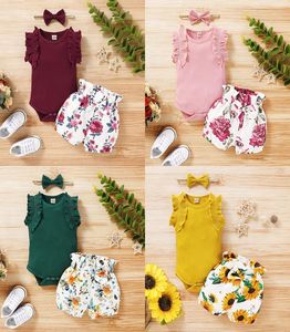 Ubrania dla dzieci dziewczęta kwiatowe stroje niemowlęce marszczone rękawie romper topy kwiatowe opaski na głowę 3PCSSet Summer Baby Clothing Sets7972725