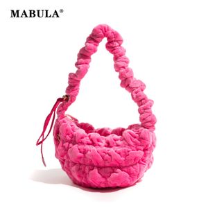 Mabula Candy Pink Faux Fur Sling Axel Bag Korean Style Plush Pluped Hobo Purse Y2K Bubble Design Ladies Handbag 240305