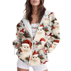 Jackor Zip Up Hoodies Womens Christmas 3D Cartoon Santa Claus Print Hooded Jackets dragkedja Toppar Sweatshirts Överdimensionerade Harajuku Coat Tops