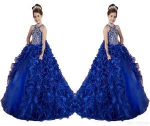 Luxo azul real meninas pageant vestidos babados contas de cristal princesa dança vestidos de baile crianças festa para casamento flor menina 1249256