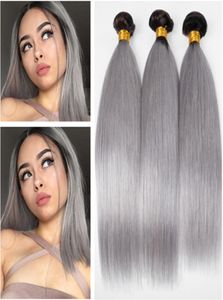 絹のようなストレート1BGREY OMBREペルーヴァージンヒューマンヘアバンドルディール3PC