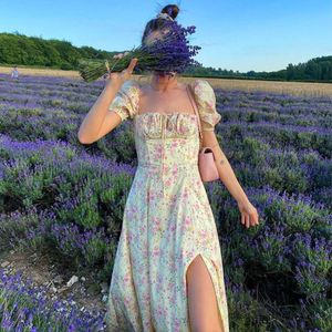 Saia longa feminina vestidos de verão manga curta francês fresco floral vestido de gola quadrada