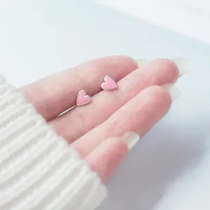 Stud Earrings Cute 7mm 6mm Real. 925 Sterling Silver Jewelry Pink Enamel Heart Shape Love GTLE1627