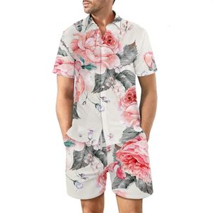 Summer Men Shirt Set 3D Print Flowers Mönster Kort ärm Casual överdimensionerad strandshorts Hawaiian Man Suits kläder 240228