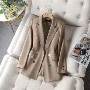 Weiblicher schwarzer Blazer, zweireihiger Mantel, Damen-Temperament, Taille umwickelt, hochwertige, schlanke, einfarbige, vielseitige Anzugjacke 240228