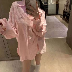 Early Spring Womens Shirt Designer Blouse Striped Beaded Shirt Super Shiny Colorful Rhinestones Long Sleeve Shirts Coat Tops