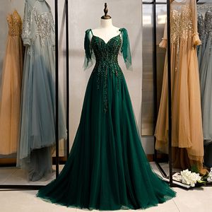 Вечернее платье для банкета-спагетти, новое элегантное вечернее платье с небольшим шлейфом, темно-зеленое платье для выпускного вечера, платье de festa