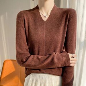 Suéteres femininos Mulheres Mulberry SilkWool Malha Pulôver 2024 Primavera Manga Longa V-Pescoço Senhora