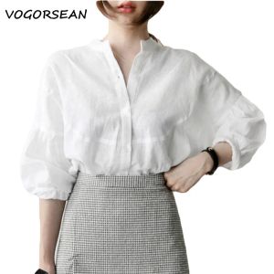 Skjortor Vogorsean Summer Womens Blus Shirt Cotton 2019 Ladies 5/5 Sleeve Loose Leisure Women Shirts White Blouse Tops 100% Flax Bomull