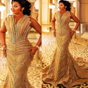 2024 ASO EBI Gold Mermaid PROM Dress Sökad spetspärlor Evening Formal Party Second Reception 50th Birthday Engagement Gowns Dresses Robe de Soiree ZJ127