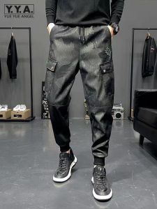 Pants Streetwear Punk Pu Leather Sweatpants Men Drawstring Slim Motorcycle Pants Ankle Length Mens Trousers Personality Cargo Pants