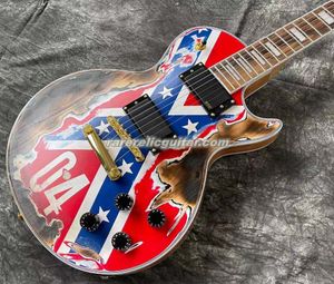 クリアランスヘビーリック1987 Zakk Wylde 04 Rebel Flag Fire Burn Red Electric Guitar China EMG Pickups 9V Gorverチューナーゴールドハードウェアサテン完成ボディ