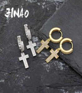 Jinao Cubic Zirconia Bling Iced Cross Earring Złota Srebrna Kolor Materiały Materiały dla mężczyzn Kobiety Hip Hop Rock Biżuteria 2106181398433