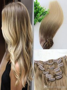 8 60 613 Fullt huvudklipp i mänskliga hårförlängningar ombre medium brun ombre hårljusblond balayage höjdpunkter 7 st mycket 120g6029072