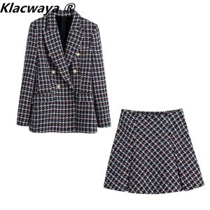 Dresses Klacwaya Tweed Suit Two Piece Set Women Double Breasted Blazer Office Lady Check Suits with Skirt Female Highwaisted Skirts