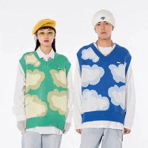 Sweaters Knitwear Unisex Harajuku Cloud Graphic Vneck knitted Sweater Vest Tops Men Women Vintage Loose Sleeveless Sweaters Y2K Clothing