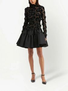 Saudi Arabia High Neck Long Sleeve Floral Prom Dresses Aline Black 3D Lace Party Evening Dress Open Back Cocktail 240227