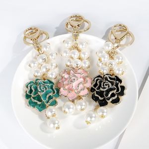 New trendy fashion ins luxury designer pretty camellia flower mutli pearls tassel bag charms keychains for women girls295m