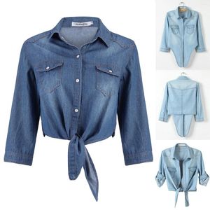 Kvinnors blusar Autumn Denim Shirts For Women 3/4 Sleeve Womens Tops Chemise Crop Lace Up Jeans and Ladies