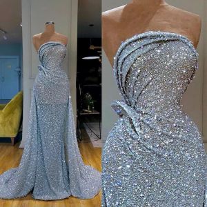 Blue Prom Light Dresses Sparkly paljetter ärmlös skräddarsydd veck Täckad aftonklänning Formell OCN Wear Vestidos Plus Size