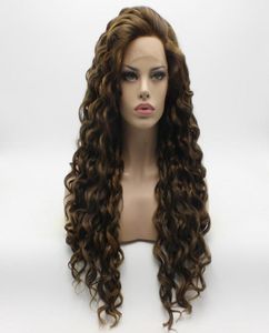 Iwona cabelo encaracolado longo marrom loira mix peruca 18827 meia mão amarrada resistente ao calor laço sintético frente diário natural perucas 4076055