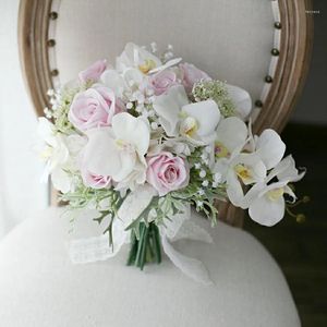 Bröllopsblommor White Orchid Brosch Bouquet Luxury Artificial Silk Flower Crystal Bride Waterfall Dama Honor