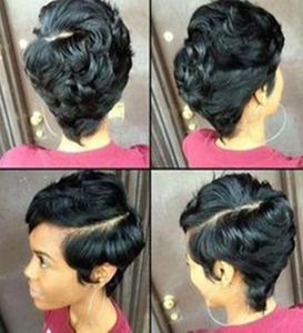 Mänskligt hår pixie klippta peruker för svarta kvinnliga maskiner gjorda med baby liten spets front peruk sida del4763754