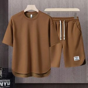 Summer Mens Waffle Kort ärm T -shirt och byxor sätter andningsbara coola shorts Två stycken Set Men Printing Tracksuits 240226