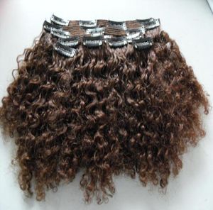 Brasilianska mänskliga jungfruliga hårförlängningar 9 stycken med 18 klippklipp i kinky curly short mörkbrun 2 naturlig färg7753530