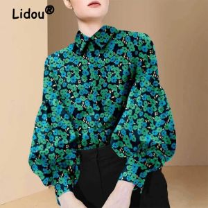 Shirts Female Fashion Print Lapel Lantern Long Sleeve Blouses Shirt Urban Casual Chic Loose Floral Women Spring Summer Blouse Top 2022