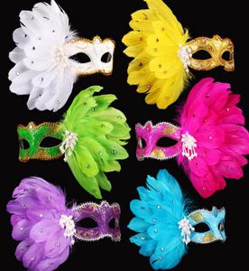 Färgad ritning Feather Gem Pearl Mask Fashion Women Halloween Mardi Gras Carnival Easter Christmas Party Costume Mask Drop Shippi1404856