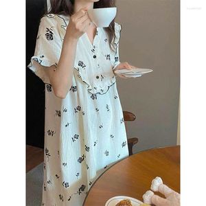 Mulheres sleepwear floral camisola com decote em v mulheres coreano babados noite vestido primavera uma peça pijama manga curta botão home wear 2024