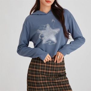 Kadın Hoodies Puloru Yıldız Baskı Uzun Kollu Sonbahar Sokak Tarzı Sıradan Kırpılmış Kapüşonlu Sweatshirts Düzensiz Hem Külot