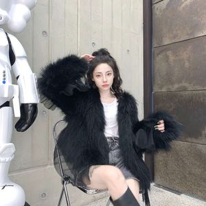 Haining 2023 Autumn/Winter Raccoon Fur Grass Coat Women's Chiffon Edge Youth Fashion Age Reducing Double Sided Knitted Short Style 349408