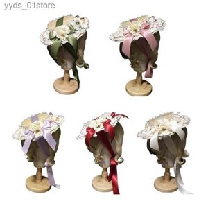 Chapéus de borda larga Bucket Chapéus Mulheres Meninas Lolita Elegante Tea Party Flat Hat Multilayer Lace Bonnet Artificial Flor Fita Bowknot Handmade Str Beach D0LF L240308