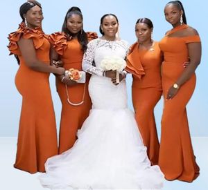 2022 Burnt Orange Mermaid Bridesmaid Dresses Long Black Girl Bridesmaid Dress Ruffles Elastic Satin Wedding Party Plus Size Maid O2592332