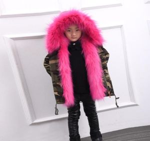 Meninas camuflagem casaco de inverno crianças gola de pele sintética com capuz manga longa princesa outwear crianças pele sintética engrossar quente blusão A4745447