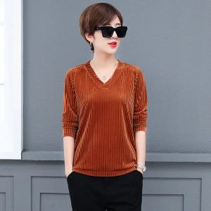 Blusa túnica feminina trabalho veludo superior listra camisa manga longa decote em v outono inverno básico camisetas cor sólida elegante senhoras casual