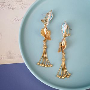 Marine-Ohrstecker, marokkanischer arabischer Schmuck, Boho, zarte Ozean-Schönheit, niedliche Tiere, Goldfisch-Charms, langer Strand-Muschel für Frauen 240306