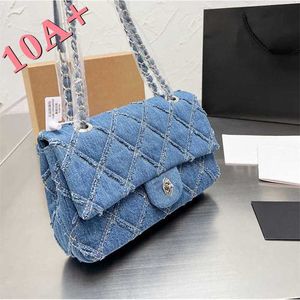 27cm ombro 10a designer cc bolsas de luxo bolsas femininas aleta vintage bolsa saco azul escuro denim prata corrente hardware deve cintas