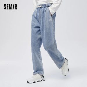 Calça semir jeans homens 2023 primavera nova tendência solta impressão personalizada calças confortáveis calças retas de rua
