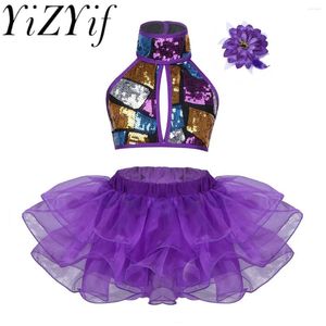 Abbigliamento da palcoscenico Bambini Ragazze Tutu con paillettes Body Performance Ballo da sala Costume Jazz Abito moderno Tulle Dancewear
