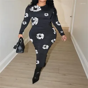 Casual Dresses Fashion O-Neck Long Sleeve Printed High Waist Slim Dress Club Party Sexy Elegant Women's Vestidos