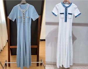 egant San ro 2024 Spring/Summer Fashionable and minimalist denim patchwork knitted dress, long skirt, long skirt