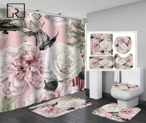 Set di tende da doccia stampate con fiori grandi rosa con tappeto antiscivolo per vasca da bagno, schermo per WC, arredo bagno impermeabile con ganci 29994372