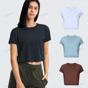 66LU1u nova feminina Yoga Align Sólida Cor Redonda Nude Esportes Moldando Cintura Apertada Fitness Solta Jogging Sportswear Feminino de Alta Qualidade Clássico-Fit Mistura de Algodão Camiseta