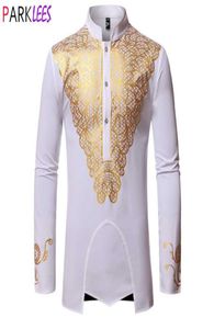 Luxury Metallic Gold Print African Man Clothing Agbada kaftan klädsel Vita bröllop Mens klänningskjortor Nehru Collar Dashiki Shirt Me7453836