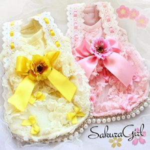 Dog Apparel Unique Handmade Clothes Pet Supplies Vest Outfit Spring Summer 3D Peach Blossom Exquisite Pearl Lace Outerwear Holiday